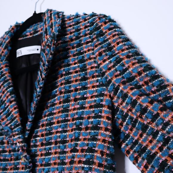 ZARA Tweed Textured Fitted Blazer Multicolor Frayed Trim Gold Button Women's XS - Picture 8 of 14